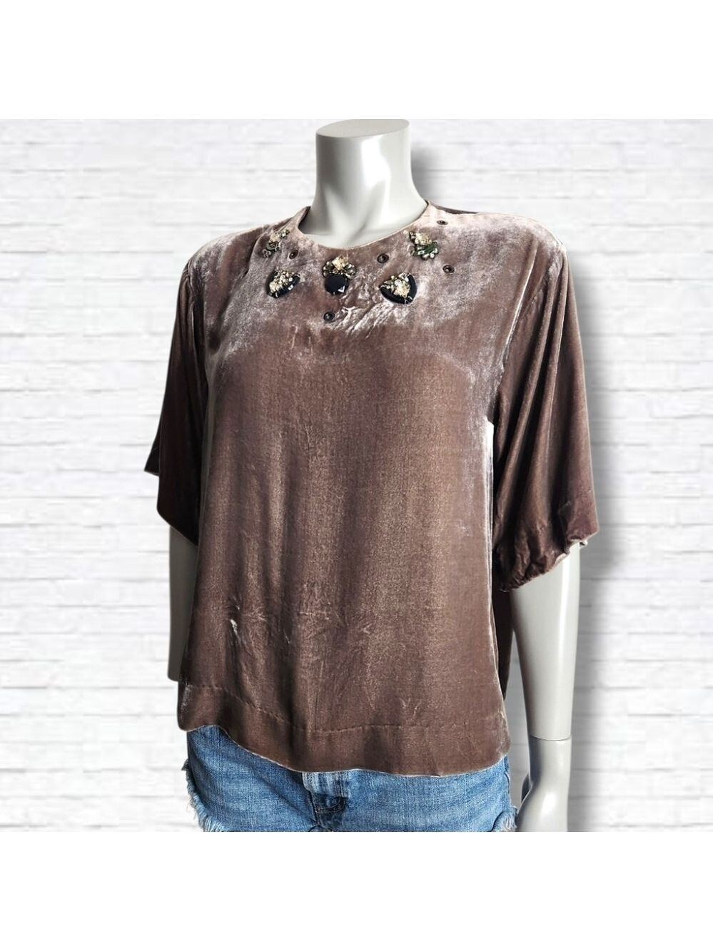 Dorothee Schumacher Jewel Collar Brown Velvet Silk Short Sleeve Blouse Size M